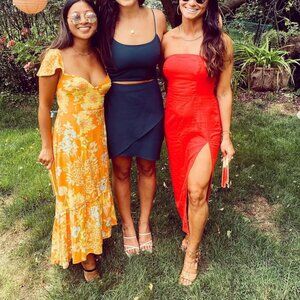 Bright Red/Orange Urban Outfitters Strapless Midi Dress with slit